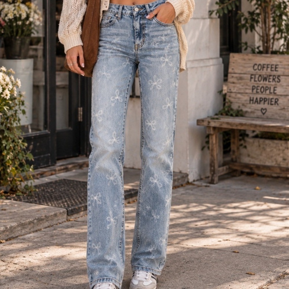 Wild Fable Womens Mom High Rise Straight Leg Jeans Light Wash Bow Print Size 0